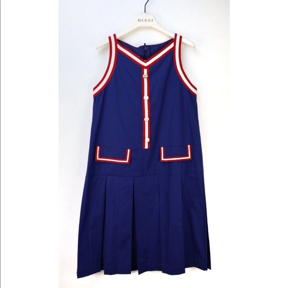 NWT GUCCI DRESS IN BLUE pleated stripe-trim - Picture 4 of 13
